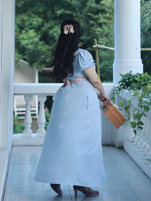 Light Blue Regency Era Dress with Pink Waist Ribbon and Puff Sleeves – Bridgerton Regency Era Dress Plus Size